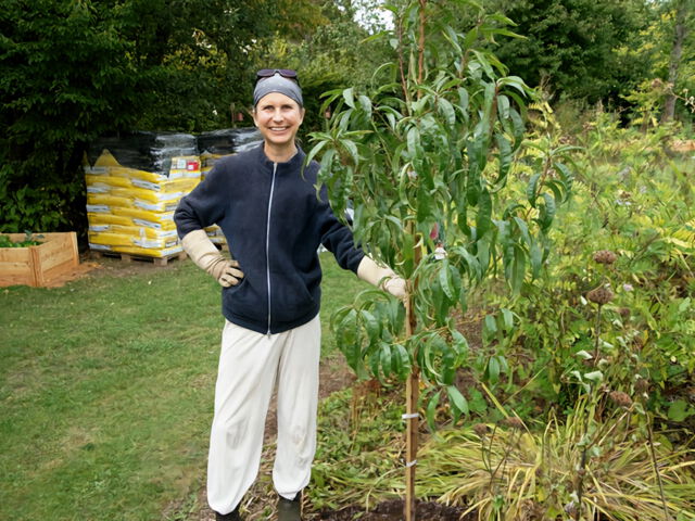 Project manager Alexandra Walterskirchen with a newly planted peach tree